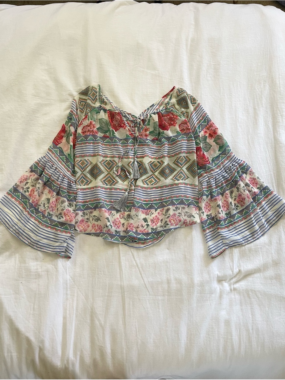Bohemian tassel flared bell long sleeves sheer flowing top